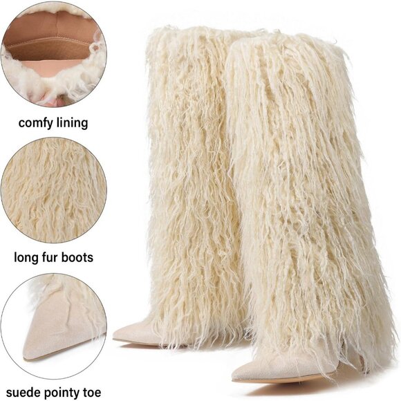 Women's B-Beige Suede Fur Knee High Heels Wide Calf Fold Fashion Boots Shoes - Picture 5 of 6